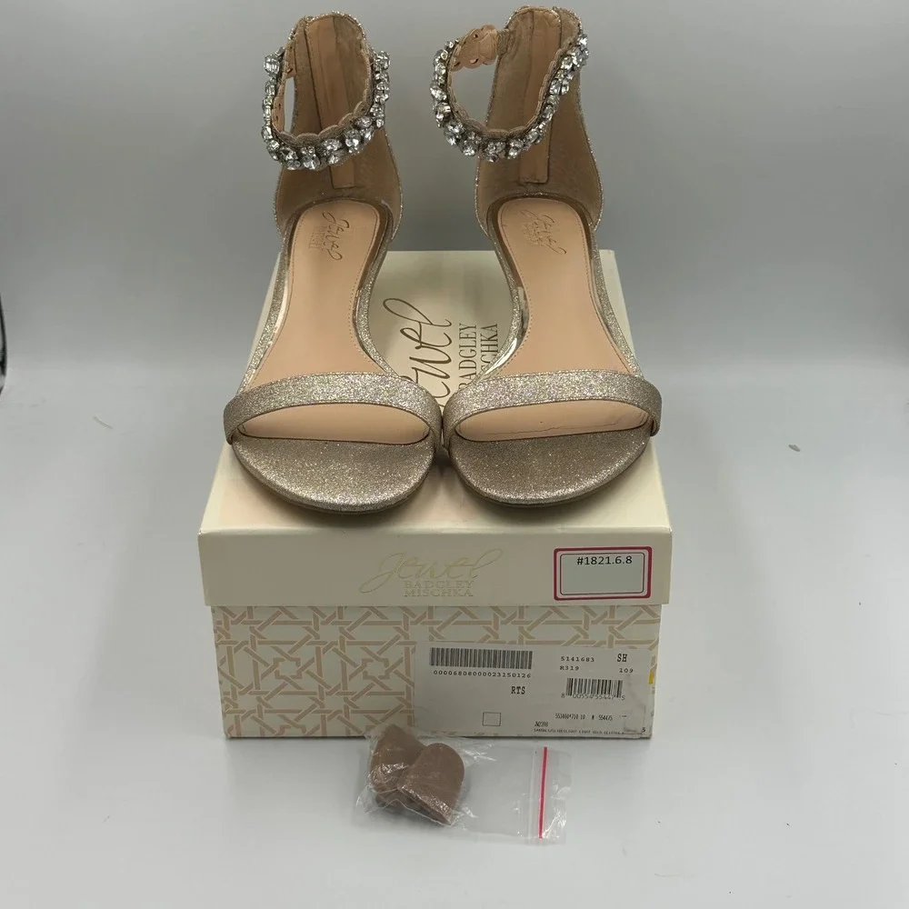 Jewel‎ Badgley Mischka Gold Glitter Ankle Strap Sandals 10 w/ Box & Extras